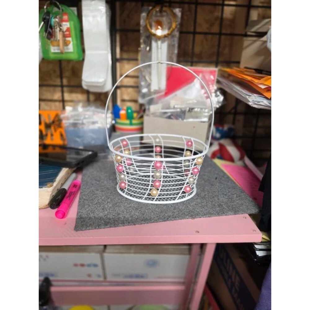 Metal basket with yellow and pink pearl look beads